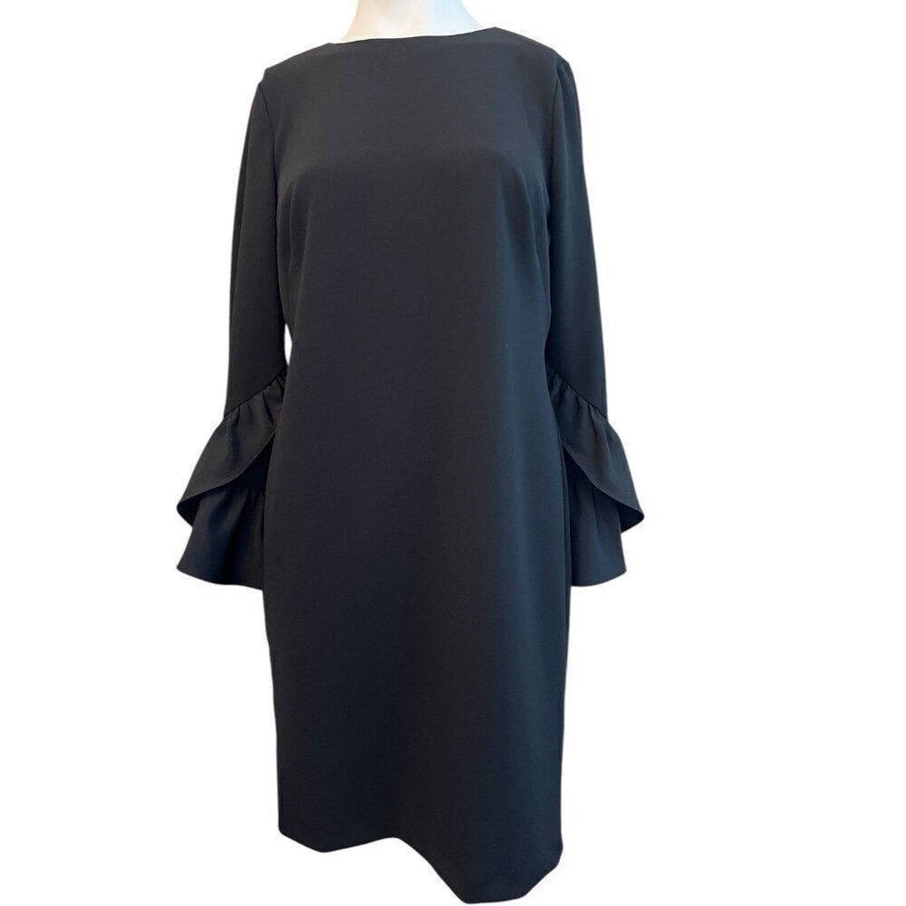 Lauren Ralph Lauren 6 Petite Size 6P Black Shift Dress Bell Ruffle Cuff NWT